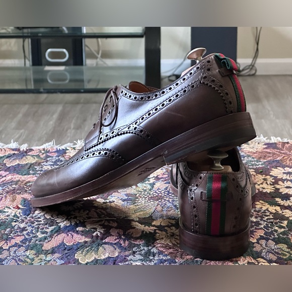 Gucci Signature Stripe Wingtip Brown Leather Men’s Brogue Oxfords Size 11 US 12 - Picture 9 of 15